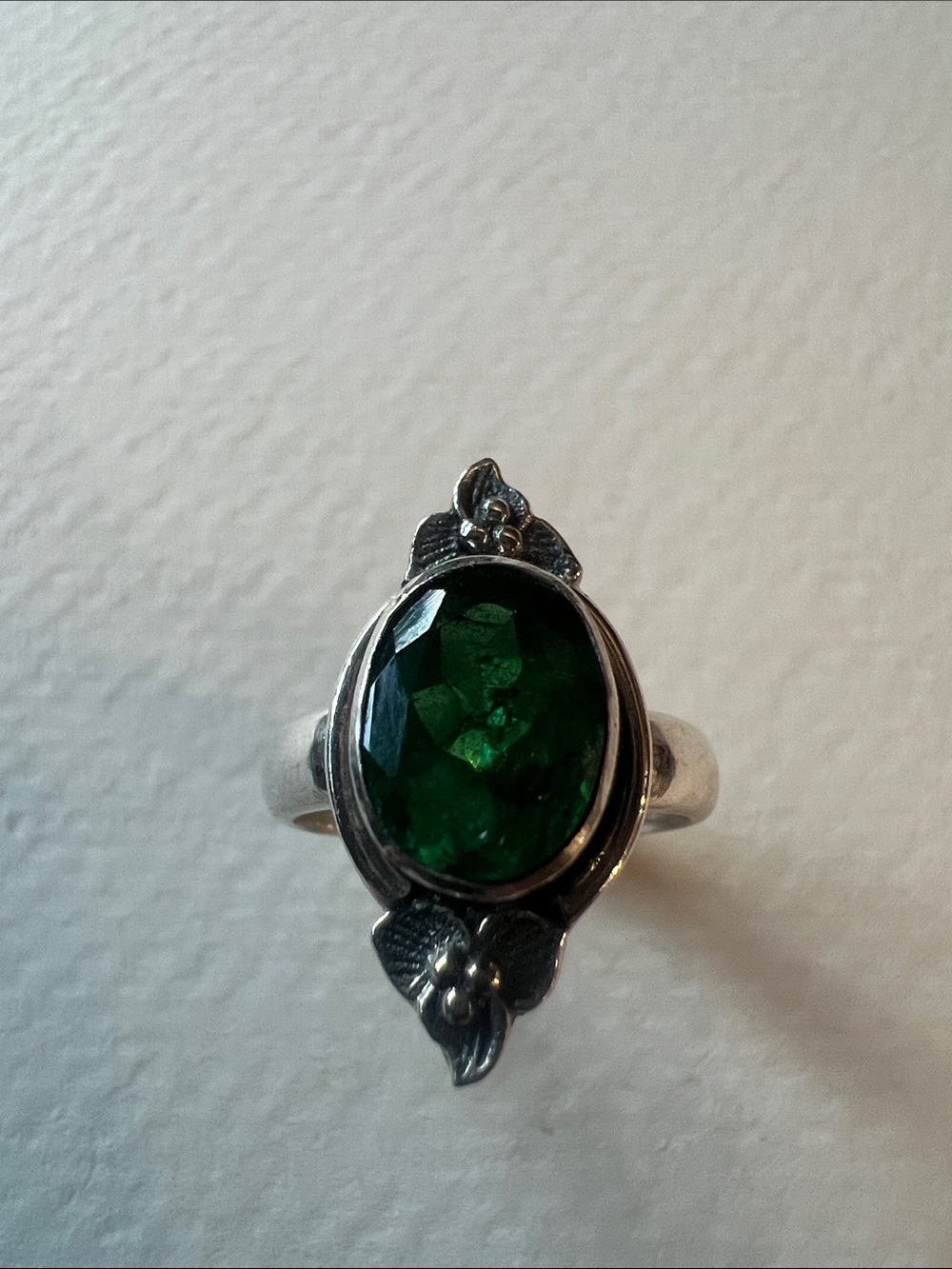 Sterling Silver Green Oval Gemstone Floral Ring
